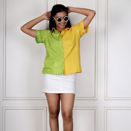 Handcrafted Mango Print Cotton Split Panel Casual Shirt